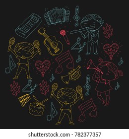 Vector school of music Musical theatre Kindergarten children with music instruments Drum, flute, accordion, trumpet, piano Music perfomance and school age kids Children orchestra