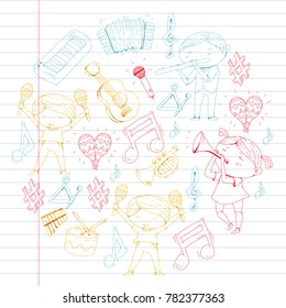 Vector school of music Musical theatre Kindergarten children with music instruments Drum, flute, accordion, trumpet, piano Music perfomance and school age kids Children orchestra