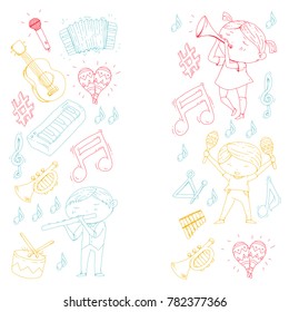Vector school of music Musical theatre Kindergarten children with music instruments Drum, flute, accordion, trumpet, piano Music perfomance and school age kids Children orchestra