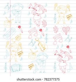 Vector school of music Musical theatre Kindergarten children with music instruments Drum, flute, accordion, trumpet, piano Music perfomance and school age kids Children orchestra