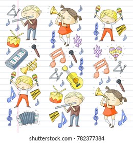 Vector school of music Musical theatre Kindergarten children with music instruments Drum, flute, accordion, trumpet, piano Music perfomance and school age kids Children orchestra