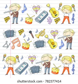 Vector school of music Musical theatre Kindergarten children with music instruments Drum, flute, accordion, trumpet, piano Music perfomance and school age kids Children orchestra
