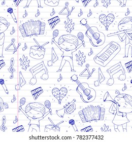 Vector school of music Musical theatre Kindergarten children with music instruments Drum, flute, accordion, trumpet, piano Music perfomance and school age kids Children orchestra