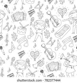 Vector school of music Musical theatre Kindergarten children with music instruments Drum, flute, accordion, trumpet, piano Music perfomance and school age kids Children orchestra