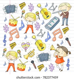 Vector school of music Musical theatre Kindergarten children with music instruments Drum, flute, accordion, trumpet, piano Music perfomance and school age kids Children orchestra