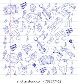 Vector school of music Musical theatre Kindergarten children with music instruments Drum, flute, accordion, trumpet, piano Music perfomance and school age kids Children orchestra
