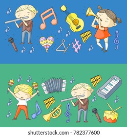 Vector school of music Musical theatre Kindergarten children with music instruments Drum, flute, accordion, trumpet, piano Music perfomance and school age kids Children orchestra