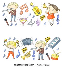 Vector school of music Musical theatre Kindergarten children with music instruments Drum, flute, accordion, trumpet, piano Music perfomance and school age kids Children orchestra