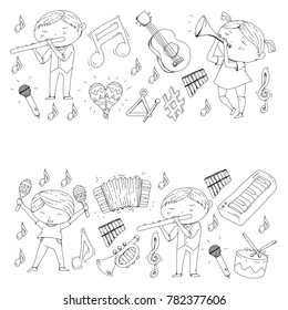 Vector school of music Musical theatre Kindergarten children with music instruments Drum, flute, accordion, trumpet, piano Music perfomance and school age kids Children orchestra