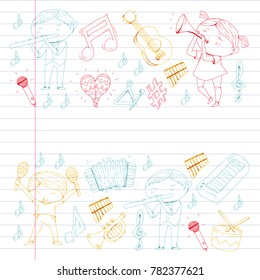 Vector school of music Musical theatre Kindergarten children with music instruments Drum, flute, accordion, trumpet, piano Music perfomance and school age kids Children orchestra