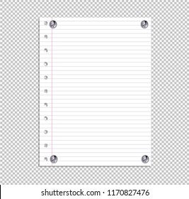 Vector School Notebook Page, Lined Paper Sheet Attached by Realistic Metallic Pin Buttons, Design Element on Transparent Background.