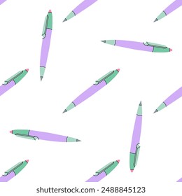 Vector  school and office supplies Illustration. Flat style pen seamless pattern.  Back to School. School essential illustration.	