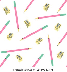 Vector school and office supplies Illustration. Flat style pencils and sharpener seamless pattern. Back to School. School essential illustration.	