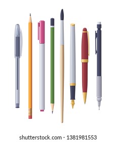 Vector school and office supplies stationery items assortment set pens pencils marker and brush