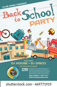 Vector school party invitation disco style. Meeting of graduates, high school students. School items, bus, house, stationery