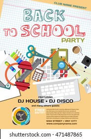 Vector school party invitation disco style. Meeting of graduates, high school students. School items, stationery