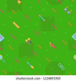 vector school pattern on green background with modern colorful style education supplies such us glass, ruler, pencil, pen, brush for banner, poster, party, super sale offer. 10 eps