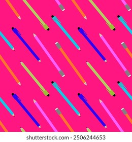 Vector School pattern with pencils, pens on a bright pink background.