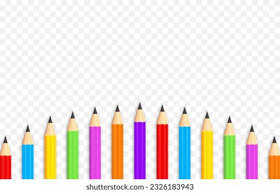 Lápices de escuela de vectores. Png de lápices escolares. Un conjunto de lápices multicolores tendidos en una fila. Material escolar.