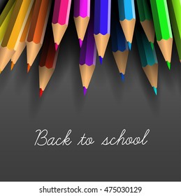 Afiche de la Escuela de Vectores - lápices de colores sobre el fondo oscuro y letras de vuelta a la escuela