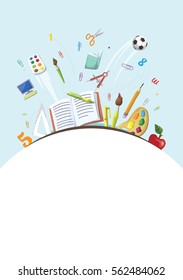 Vector school poster illustration with blank space and flying school objects