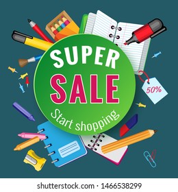 Vector school sale with colorful pencil brush and other school items on dark green background