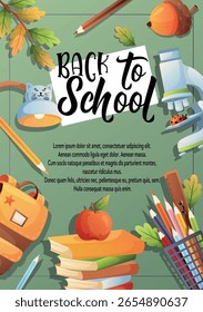 Escena de la escuela del Vector con los lápices de la mochila del microscopio de los libros y la manzana en el fondo verde perfecto para los carteles y los volantes de la vuelta a la escuela
