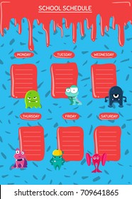 Vector school schedule with cartoon monsters with paint stains on confetti background. School schedule timetable for pupil illustration