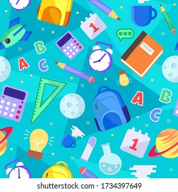 Vector School seamless pattern in cartoon style with school objects. School Pattern with a globe, books, rulers, pencils and other objects. Back to school.