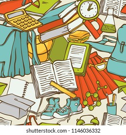 Vector school seamless pattern clothes stationery. Background cartoon various symbols education for design. Set sketch contour illustration.