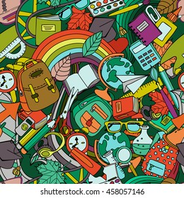 Vector school seamless pattern. Color doodle education and school supplies. Hand drawn creative design for fashion textile print, wrapping paper, web backgrounds.