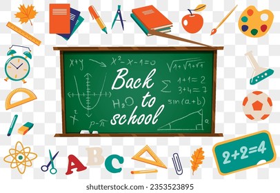Vector school set. Green school chalkboard with education symbols. Back to school. Vector illustration isolated on transparent backgraund.