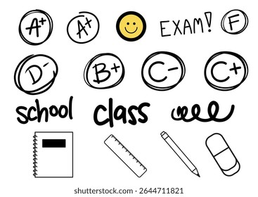 Vector school set illustration – collection of notebooks, pens, grade marks and educational stationery items