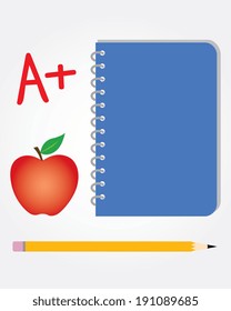 Vector school set. Includes pencil, notebook, apple and A+ grade symbol