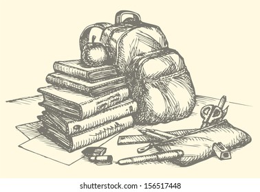 Vector school still life. A stack of books with apple, pencil case with pencils, pen, flamasterami, scissors, eraser, ruler and pencil sharpener on the background of the backpack