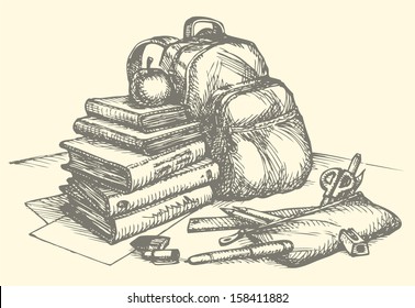 Vector school still life. A stack of books with apple, pencil case with pencils, pen,  scissors, eraser, ruler and pencil sharpener on the background of the backpack