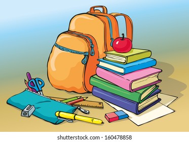 Vector school still life. A stack of books with apple, pencil case with pencils, pen,  scissors, eraser, ruler and pencil sharpener on the background of the backpack