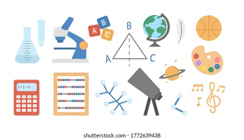 Vector school subject icons. Classroom signs collection. Back to school educational clipart. Math, literature, chemistry, astronomy class concepts
