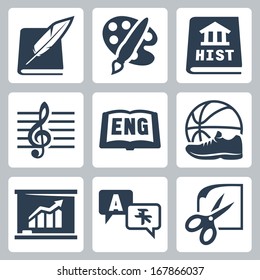 Vector school subjects icons set: literature, art, history, music, english, PE, economics, foreign languages, crafts