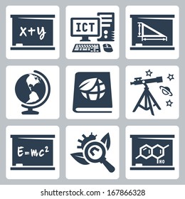 Vector school subjects icons set: algebra, ICT, geometry, geography, ecology, astronomy, physics, biology, chemistry