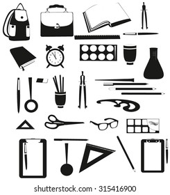 Vector School Supplies black and white icons.