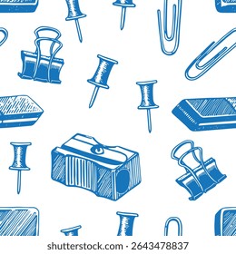 Vetor escola fornece borracha apontador de lápis de papel clip ilustração linha desenhada. Padrão contínuo diferente papelaria, botão, pinos de pressão. Objetos azuis desenhados à mão Educação conceito de volta à escola
