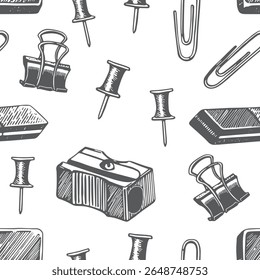 Vetor escola fornece borracha apontador de lápis de papel clip ilustração linha desenhada. Padrão contínuo diferente papelaria, botão, pinos de pressão. Objetos cinza desenhados à mão Educação conceito de volta à escola