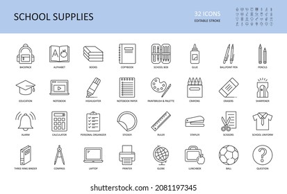 Vector school supplies icons. Editable stroke. Stationery alphabet book backpack, copybook plastic box glue stick. Ballpoint pen pencil crayon, scissors stapler ruler notebook paper highlighter globe