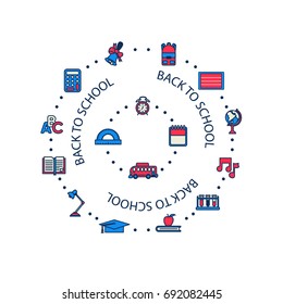 Vector school supplies infographic back to school line filled isolated illustration. Pixel Perfect. For web design and presentations, site 
