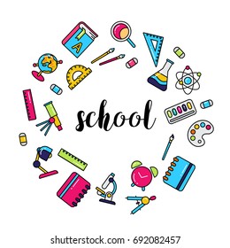 Vector school supplies infographic back to school line filled isolated illustration. Pixel Perfect. For web design and presentations, site