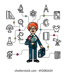 Vector school supplies infographic back to school line filled isolated illustration. Pixel Perfect. For web design and presentations, site 