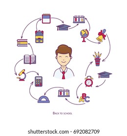 Vector school supplies infographic back to school line filled isolated illustration. Pixel Perfect. For web design and presentations, site 