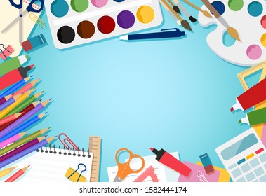 Vector school supplies, objects on the table 