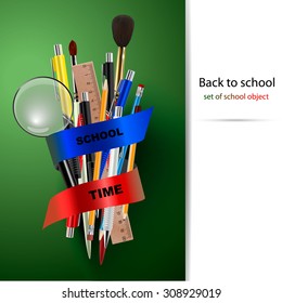 vector School supplies on green background 